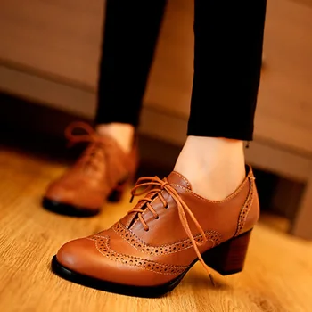 

Women's Pump Shallow Brogue Shoe Vintage Chunky Heel Cut Out Oxford Shoes Woman Lace Up Female Fashion Elegant Ladies Short Boot