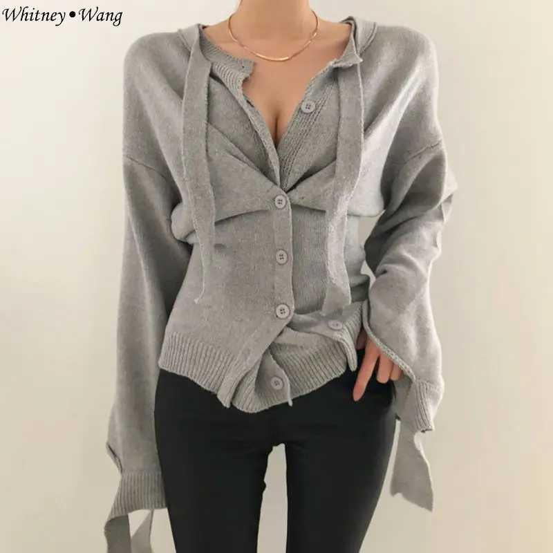 Серый WHITNEY WANG модная уличная Асимметричная пуговица тонкая рваная кромка свитер женский кардиган джемпер sueter mujer invierno - Цвет: Серый