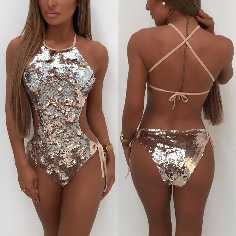 Sexy Women Sequin Shiny Bikini Set One Piece Beachwear Swimsuit Backless Silver Sequins Push-up Padded Bra Swimsuit  Monokini