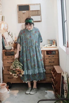 

Chinese retro style loose short sleeve lace brim women one piece dress cotton and linen