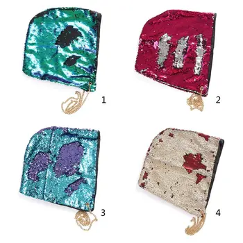 

Womens Reversible Fish Scales Sequins Hood Hat Halloween Party Cap with Chain