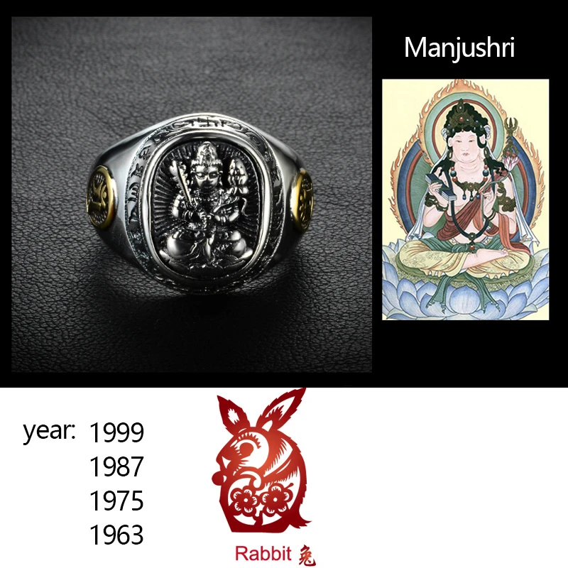 ZABRA Buddha Real 925 Silver Rings For Women Men Chinese Zodiac Patron Saint Vintage Mens Signet Ring Adjustable Biker Jewelry - Цвет камня: Manjushri