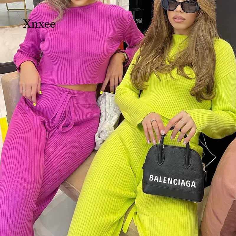 

Костюм женский трикотажный из двух предметов, Повседневный пуловер с круглым вырезом и длинными рукавами, свитер и расклешенные брюки, весна-осень