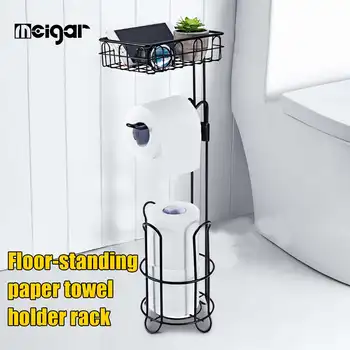 

Metal Floor Standing Paper Roll Towel Holder Stand Organizer Toilet Paper Rack Bathroom Hardware Vertical Storage Basket Black