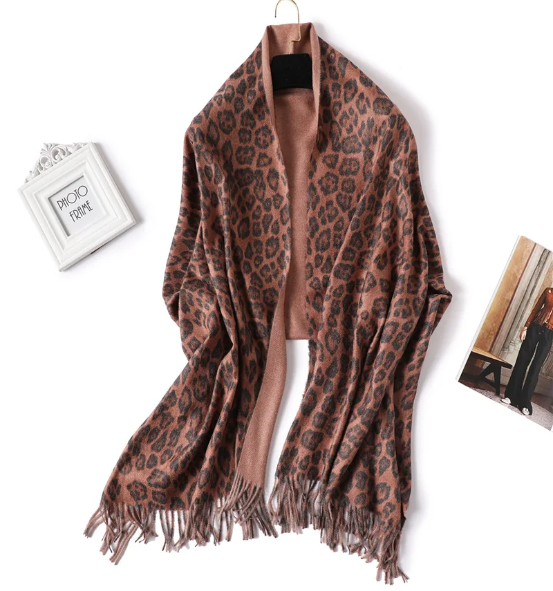 Fashion Cashmere Leopard Scarf For Women Tassel Shawl Double Faced Soft Pashmina Hijab Winter Warm Scarf Blanket Red Camel Green