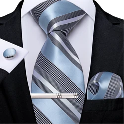 Luxury Light Blue Striped Silk Ties For Men Houndstooth Splicing Fashion Business Wedding Neck Tie Cufflinks Set Gifts For Men