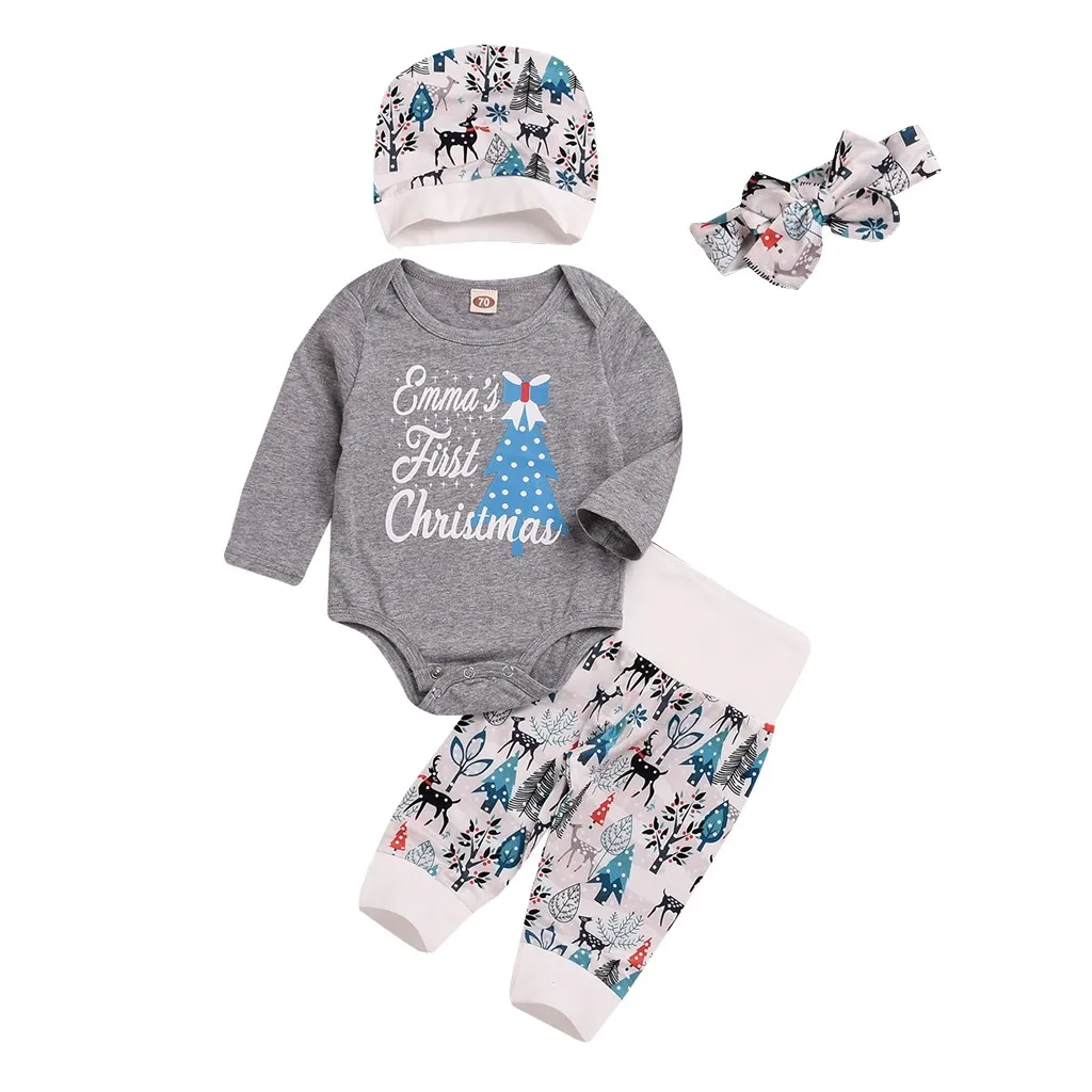 Рождественская Одежда для новорожденных мальчиков и девочек комплект из 4 предметов, комбинезон с изображением сосны, боди+ штаны+ шапочка+ повязка на голову комплект одежды для малышей