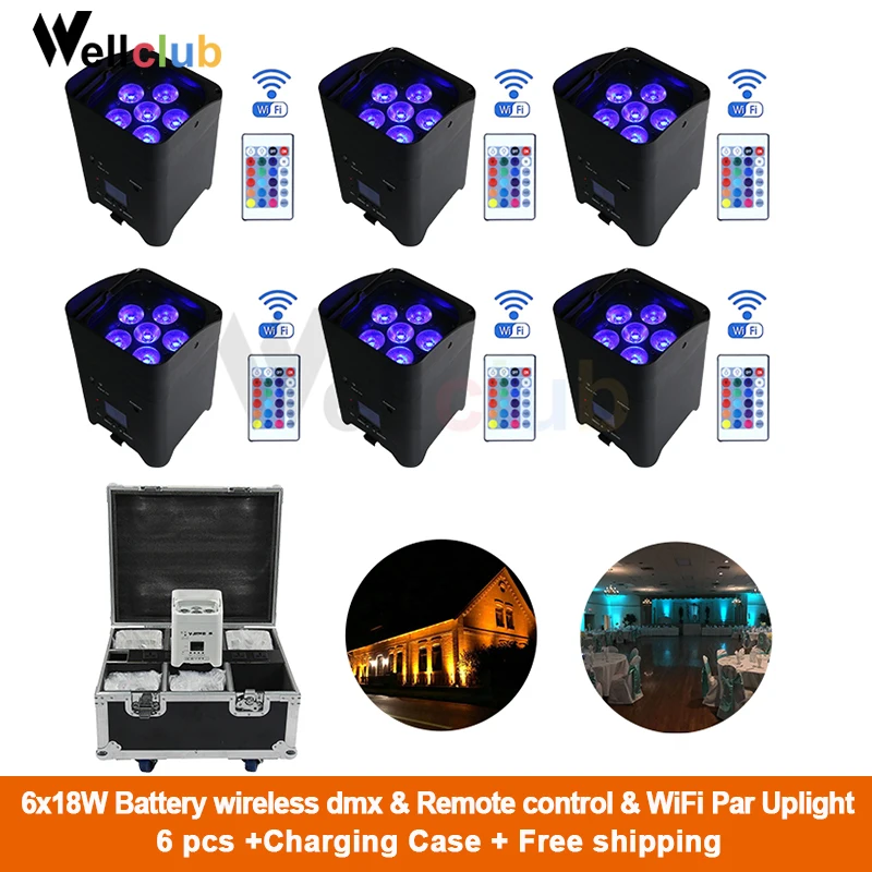 

6 Pack DMX Wireless Battery Powered LED Par Light RGBWA+UV 6in1 Led Wash Light DJ Lights Uplights IR recmote & WiFi