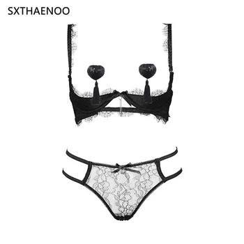 

SXTHAENOO Women's Sexy Charming Solid Half Cup Underwear Underwire Lash Lace Bra Sets Push Up Intimates Lingerie