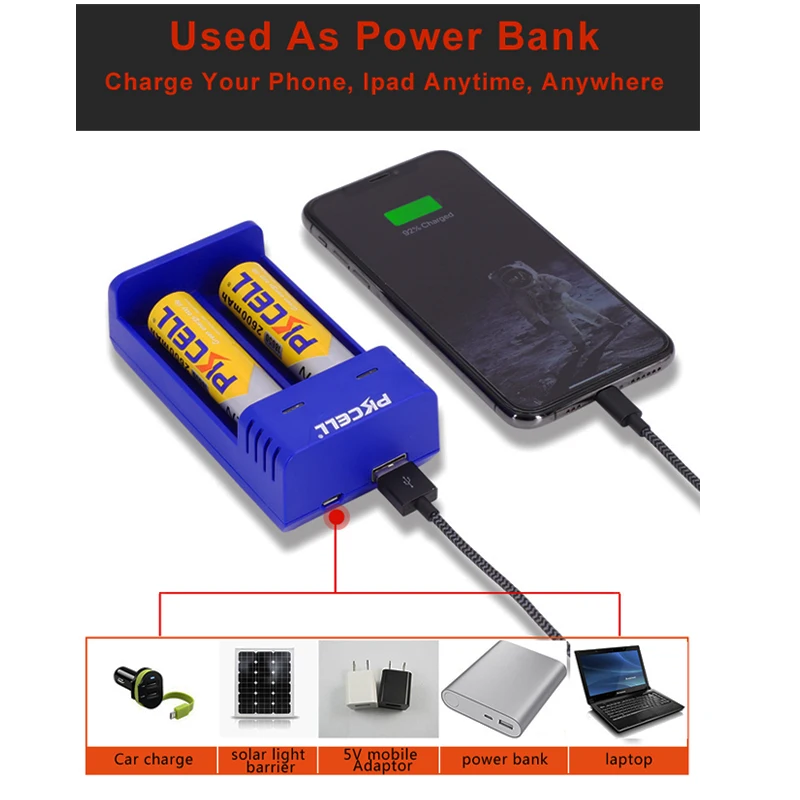 PKCELL 18650 Зарядное устройство зарядки 3,7 V зарядное устройство для никель-кадмиевых или никель-металл-AAA 26650 16340 16650 14650 18350 18500 18650 литий-ионная аккумуляторная батарея Зарядное устройство USB 5В 2A 2 слота