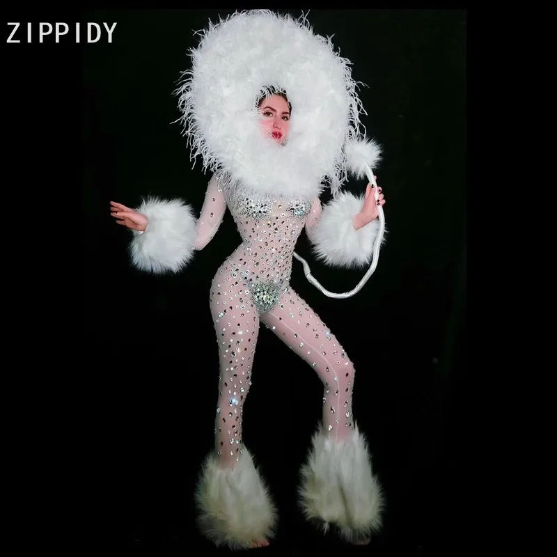 Сексуальный сетчатый комбинезон с белыми перьями, большие стразы, просвечивающий комбинезон, одежда для выпускного вечера, женская одежда для певицы, шоу, косплей, танцевальный наряд