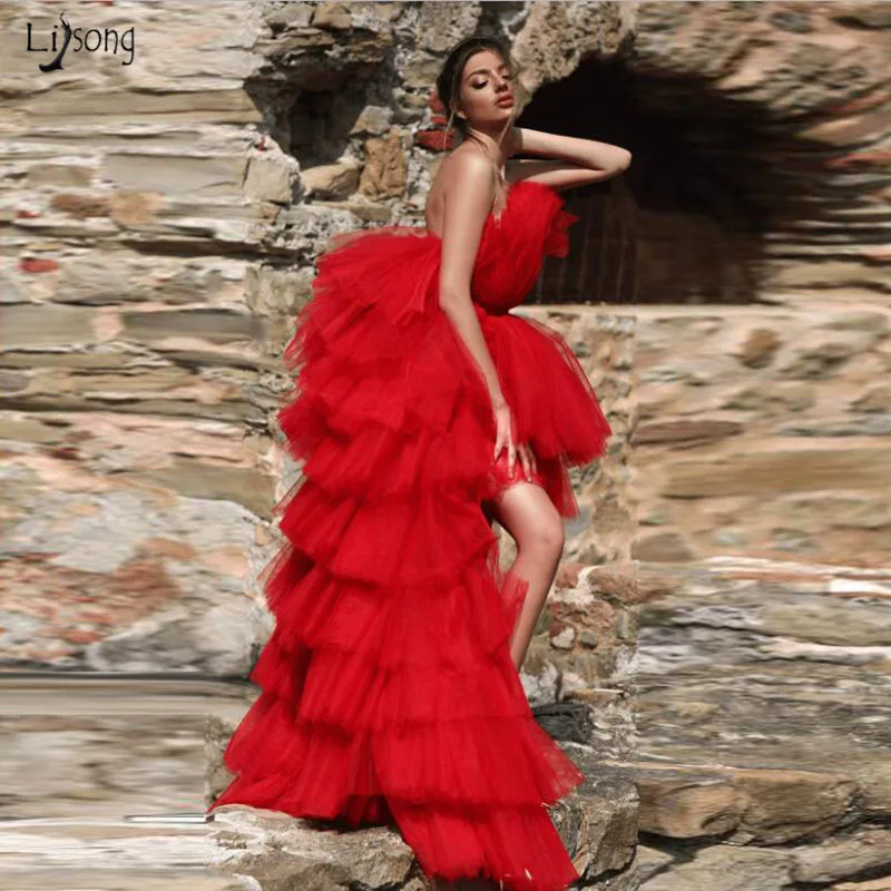 Модное Красное длинное многослойное Тюлевое платье для выпускного вечера, сексуальное вечернее платье с открытой спиной, пышное Тюлевое вечернее платье, Robe de soiree