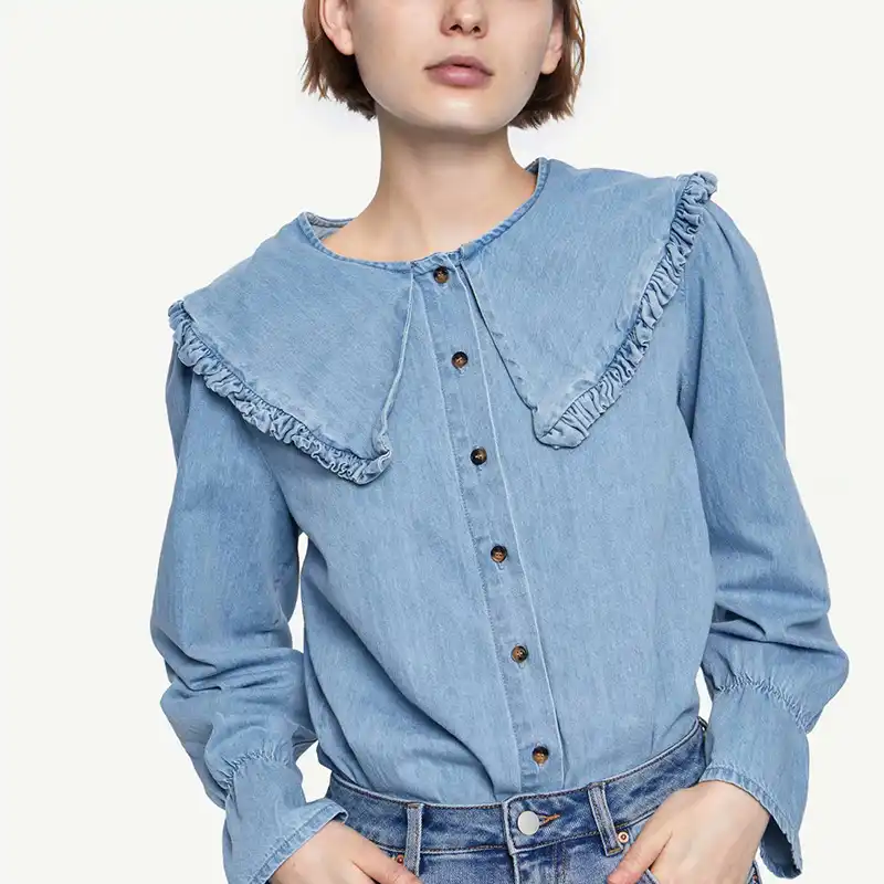 denim ruffle shirt