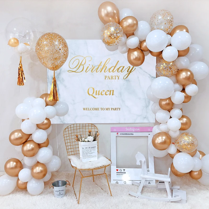 Золотой блестящий белый тематический свадебный комплект для дня рождения, Детская идея для вечеринки, детский душ, баллон, украшения золотого фона
