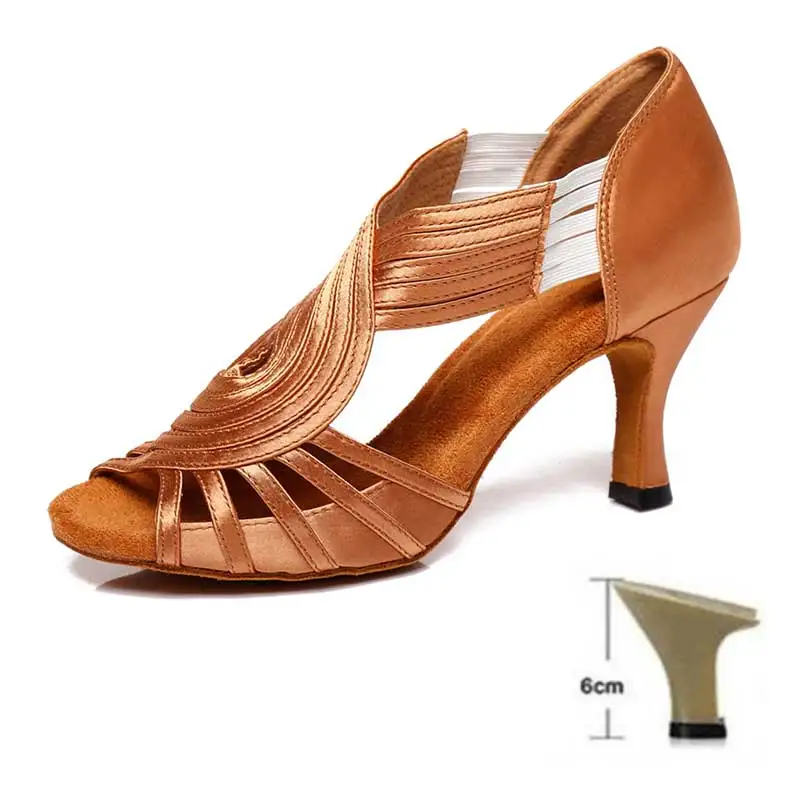 Обувь для латинских танцев Стразы Женская Обувь для бальных танцев для девочек Танго; на низком каблуке Профессиональный Танцы 6/7. 5/8. 5/туфли на высоком каблуке(10 см); - Цвет: Brown1 6CM