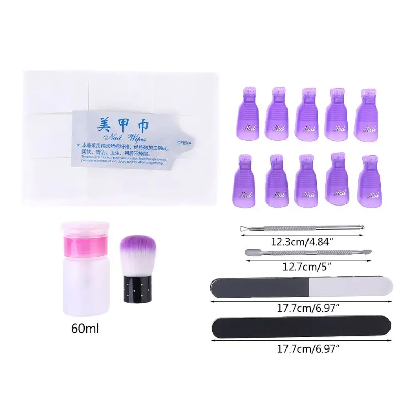 Conjunto Unha Polonês Removedor Limpa Cap Clipe Cuticle Pusher Dust Brush Manicure Ferramenta Pedicure Cuidados Gel uv 10 Removedor de esmalte