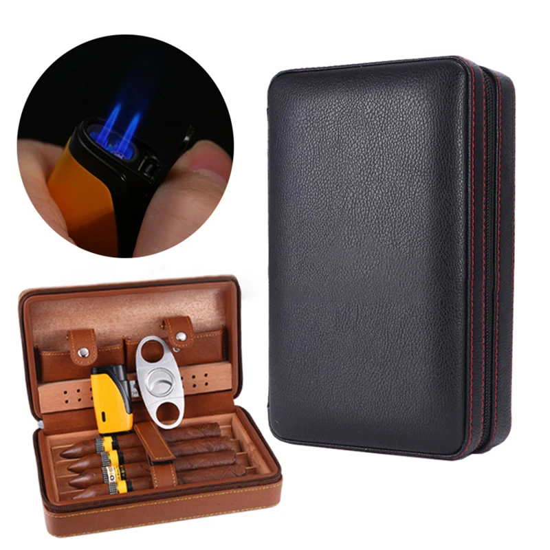 Черный Чехол для сигар Humidor портативный кедровое дерево кожа путешествия Humidor набор с увлажнителем Подарочная коробка(без зажигалки резак - Цвет: Черный