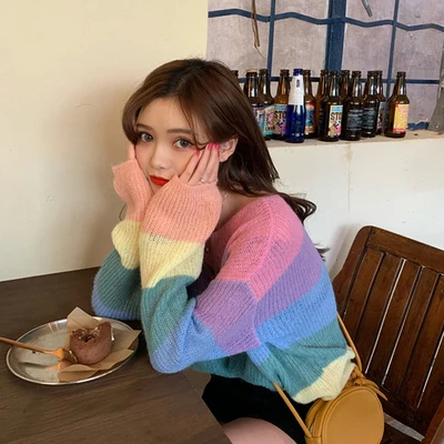 Женские свитера в Корейском стиле Ins Chic Ulzzang, свободный свитер в радужную полоску, Женский винтажный милый Свитшот Kawaii для женщин - Цвет: Rainbow stripes