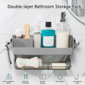 

2 Tiers Modern Kitchen Bathroom Shampoo Holder Solid Shower Caddy Home Drainage Design Wall Mounted Waterproof Punch Free