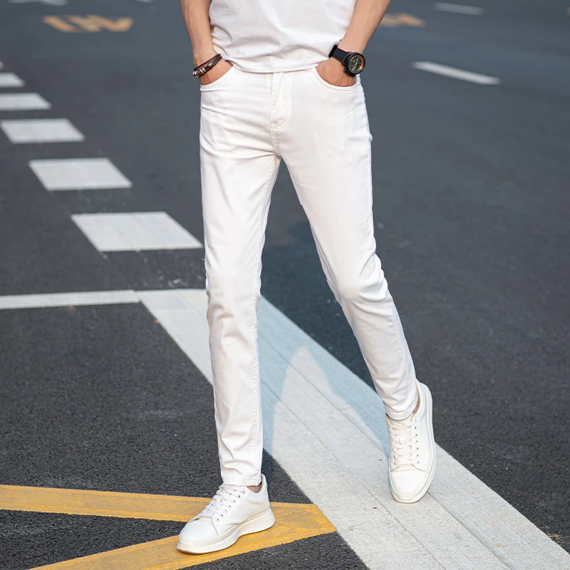 Pure cotton Men White Jeans Fashion Casual Classic Style Slim Fit Soft Trousers Male Brand Advanced Stretch Pants biker jeans