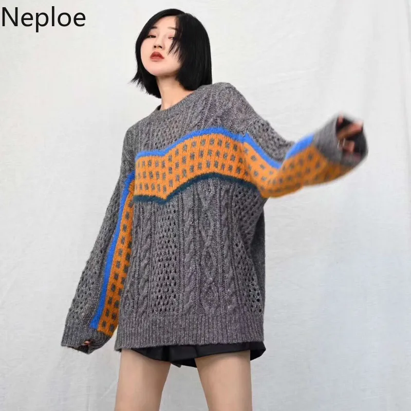 Neploe Ins, Ретро стиль, контрастный цвет, пэчворк, Sueter, пуловер, свитер, Batw, дизайн, круглый ворот, длинный рукав, вязанный, для женщин, свободный, 47724