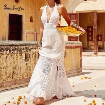 

2020 White Cotton Beach Cover up Lace Patchwork Deep V neck Sexy Boho Dress Robe de Plag Beach Wear Sold Long Summer Dress Tunic