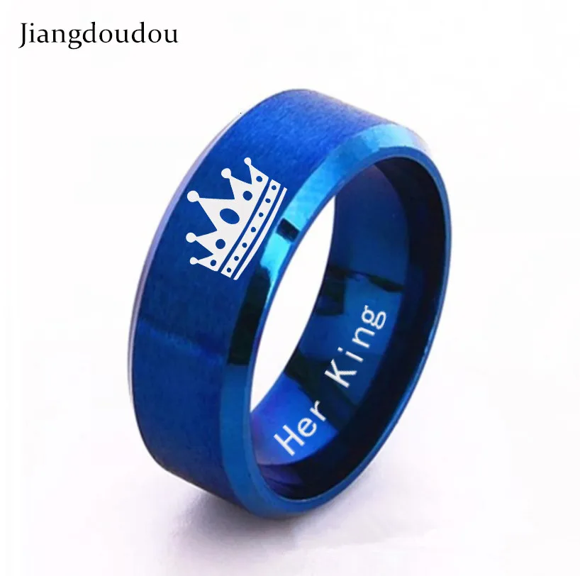 

Dropshipping Personalized Customized DIY Laser Titanium Rings Engraved Name Texts Signature Blue Crown Couple Rings Jewelry