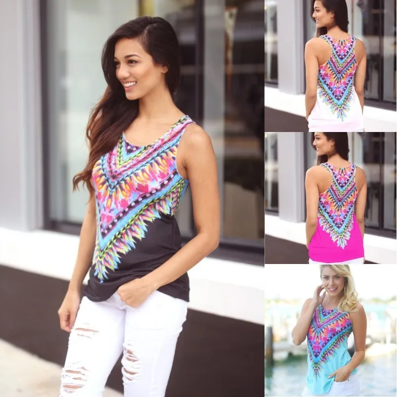 2019 Модный женский цветочный Свободный Летний топ без рукавов в стиле бохо с v