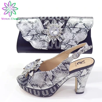 

New Fashion African Party Pumps black and silver Shoes and Bag Woman High Heels Sandals Concise Solid Wholesale price