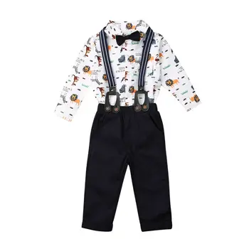 

0-24M Baby Boys Clothes Outfit Bow Tie Animal Long Sleeve Romper +Overall Pants Gentleman Suit for Boy Toddler Kids Clothing