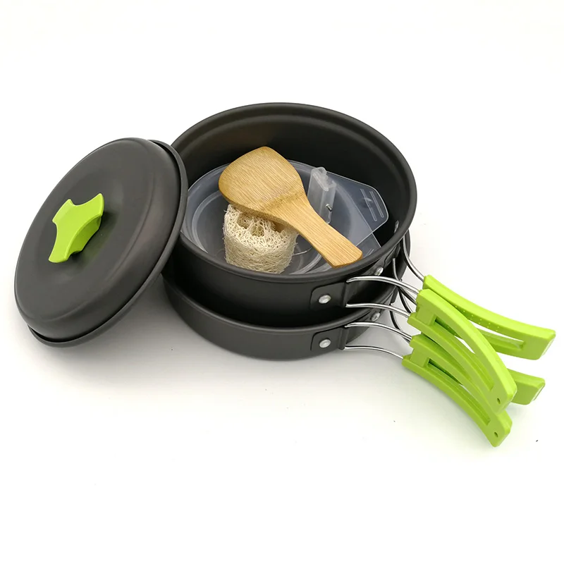7 шт. походная посуда с кастрюлей сковородка миска ложка портативная Ультралегкая туристическая Складная посуда для 1-2 человек - Цвет: green tableware