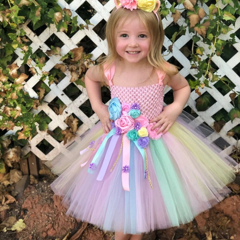 Girls Unicorn Flower Tutu Dress Kids 
