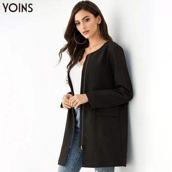 

YOINS 2020 Women Autumn Winter Women Coats Zipper Front Long Sleeves Coat Loose Casual Work Chaqueta Mujer Black Casaco Femme
