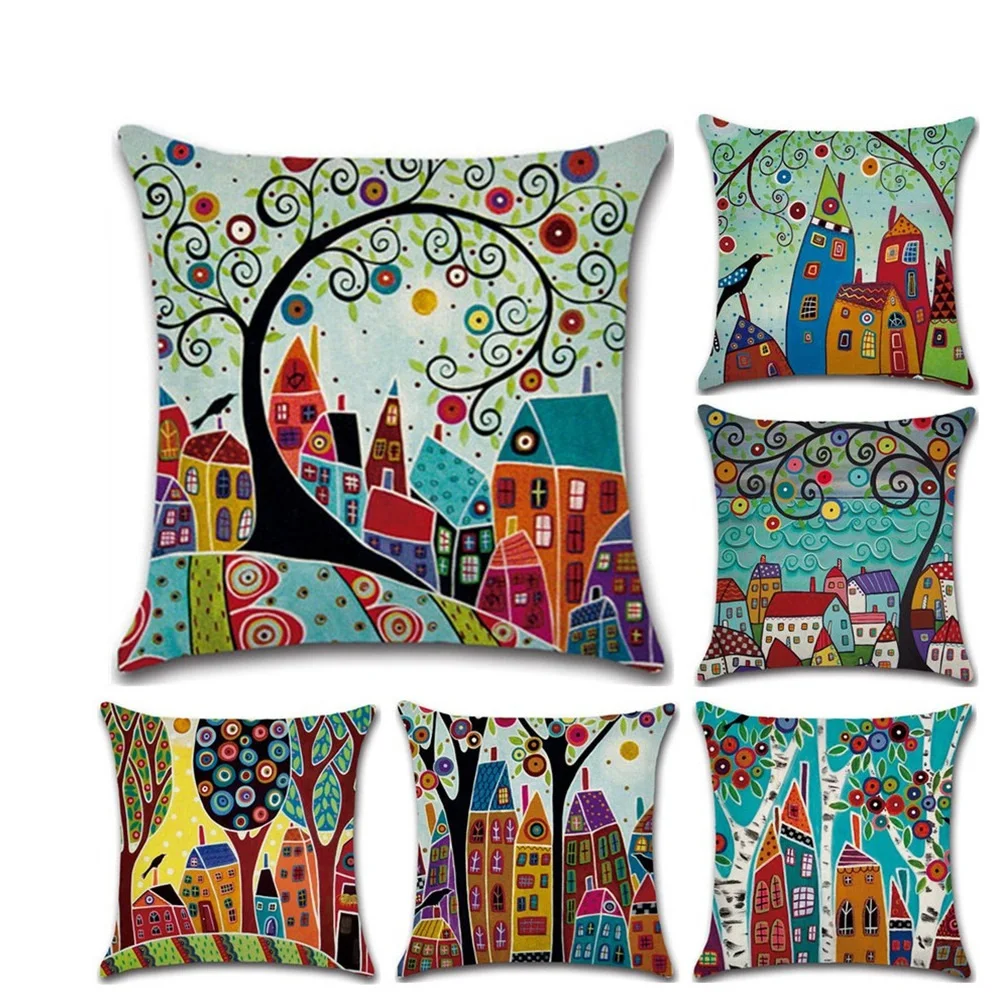

New Painting Linen pillow Case Painted Cartoon Countryside Hand-decorated Throw Pillow Cover for Car Room Decor