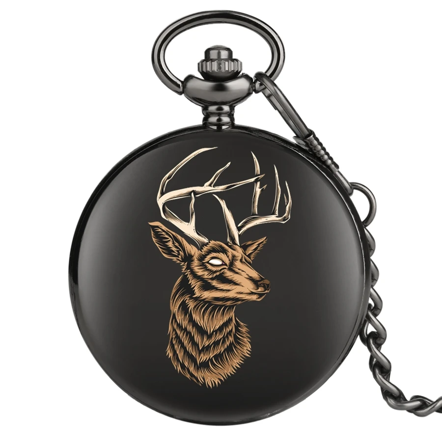 Elk Head Sketch Pattern Quartz Pocket Watch Jewelry Pendant Clock Steampunk Smooth Black Chain Gifts for Men Women | Наручные часы