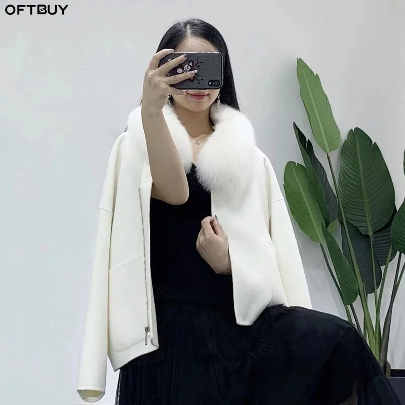 OFTBUY пальто с натуральным мехом, зимняя куртка для женщин, Воротник из натурального Лисьего меха, шерсть, верхняя одежда, Толстая теплая уличная одежда, Корея, Новинка