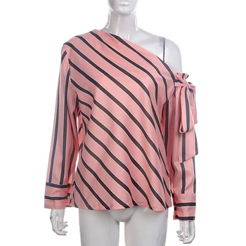 

Women Girls One Shoulder Casual Loose Striped One Shoulder Flare Long Sleeve T-Shirt Longsleeve Tops