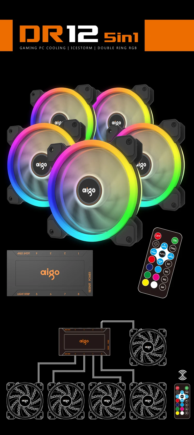Aigo DR12 чехол для ПК Вентилятор 120 мм бесшумный Радиатор ИК пульт дистанционного управления Регулировка светодиодный светильник RGB бесшумный игровой чехол-вентилятор