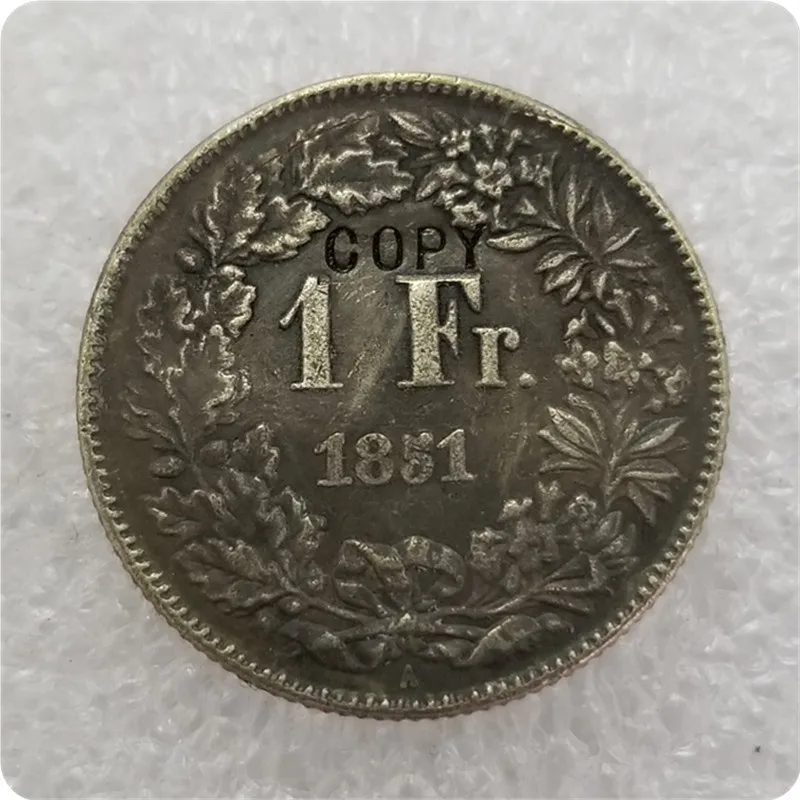 1850A, 1851A, 1857, 1860B, 1861B Швейцария 1 Франк копия монет - Цвет: 1851A