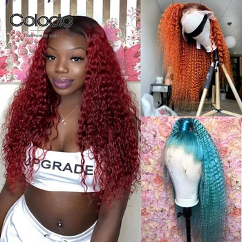 

COLODO Pre Plucked Ginger Blue Curly Lace Front Wig Remy Burgundy Ombre Wig Glueless Brazilian Human Hair Wigs for Black Women