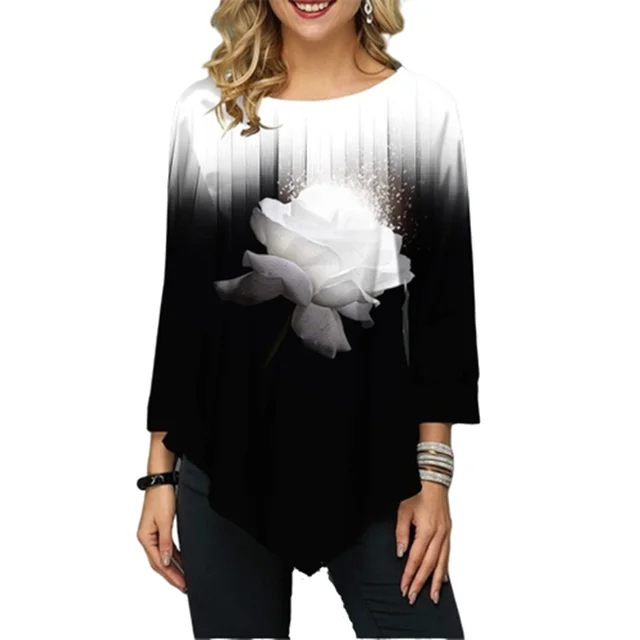 US $5.53 Plus Size Spring Autumn Female Floral Print T Shirt S-5XL Women Tops Tee Fashion Irregular Black T