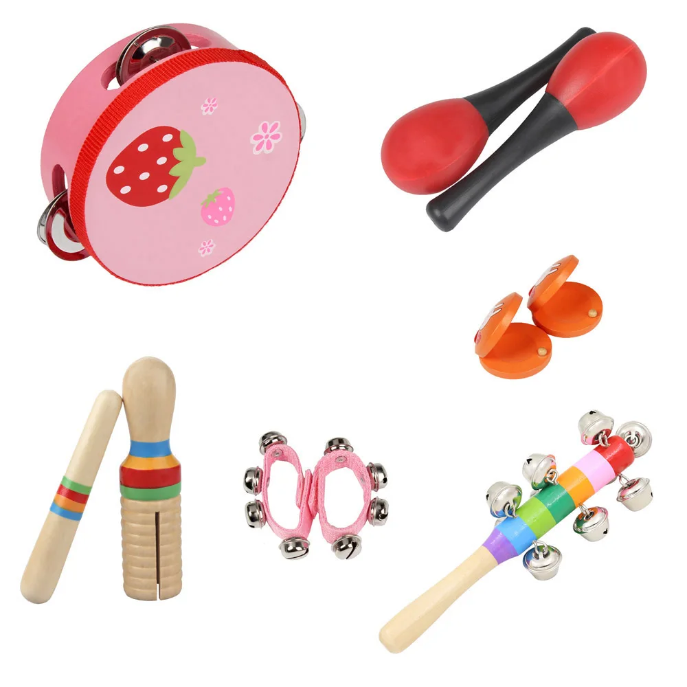 

10pcs/set Musical Toys Percussion Instruments Band Rhythm Kit with Tambourine Maracas Castanets Handbells Wooden Guiro for Kids