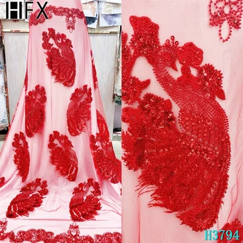 

HFX Red African lace fabric 2020 Tulle lace with Applique Beaded lace fabric Sequins Embroidery lace for Wedding Dress F3794