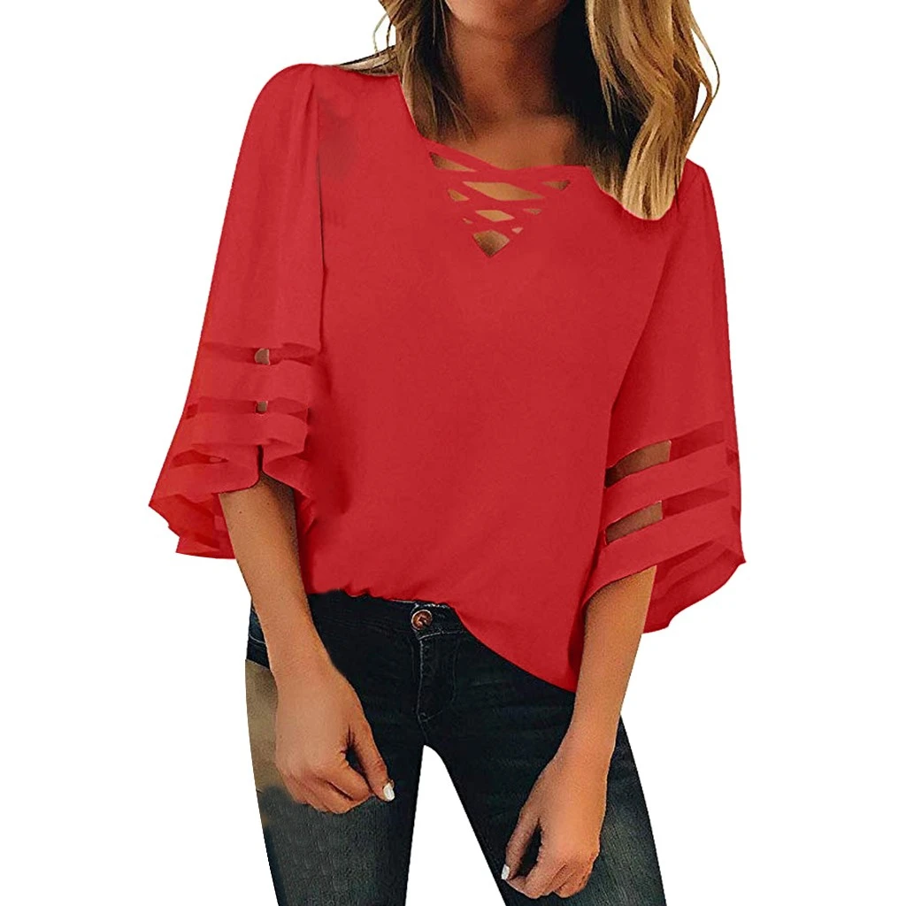 JAYCOSIN Fashion Loose Blouse Female V Neck Mesh Panel Blouses 3/4 Bell Sleeve Casual Loose Blouse Patchwork Ladies Girls 802
