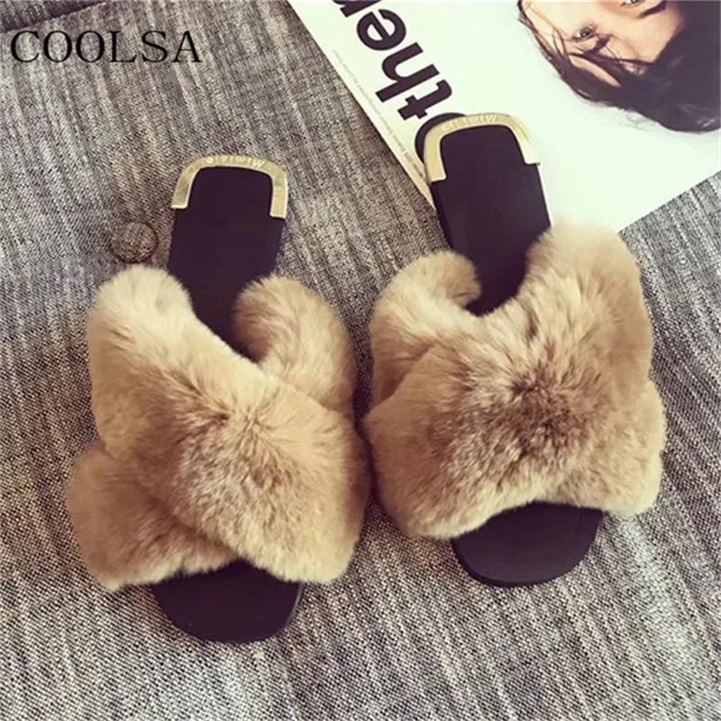 

New Women's Winter Fur Cotton Slippers Cross Fuax Rabbit Fur Sandals Women's Fur Slides Warm Plush Home Shoes Ladies Flip Flops