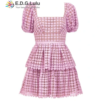 

EDGLuLu Spring Summer Runway 2020 High Quality Square Neck Puff Sleeve Mini Pink Lace Elegant Vintage Dresses For Women 0405