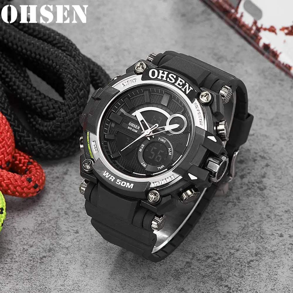 OHSEN, топ класса люкс, Relogio Masculino, часы для мужчин, Военный стиль, светодиодный, наручные часы, военные часы, мужские, водонепроницаемые, армейские, цифровые, мужские часы - Цвет: Black silver watch