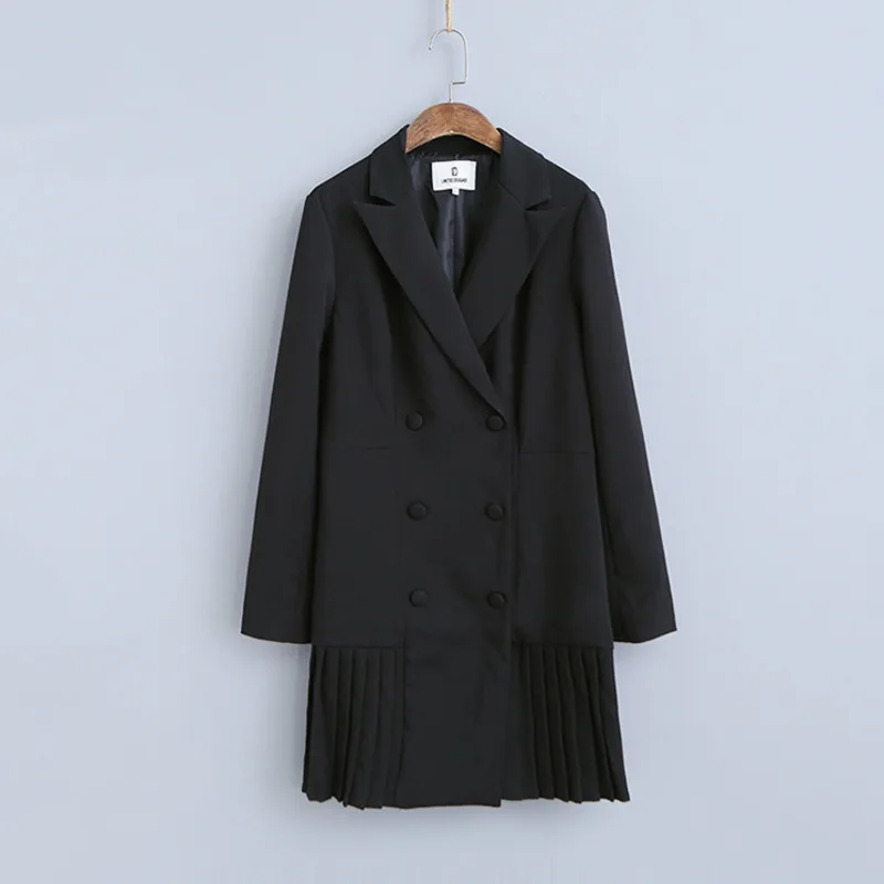 

[EWQ] 2020 Autumn New Pattern Office Lady Style Full Sleeve Pleated Patchwork Double Breasted Full Sleeve Solid Suit Coat AF766