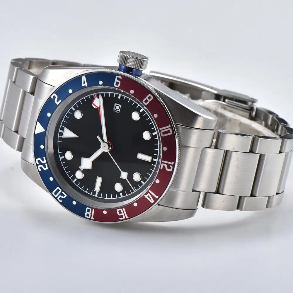 Автоматические часы GMT 41 мм минеральное стекло стальной корпус алюминиевый вращающийся ободок черный циферблат F1