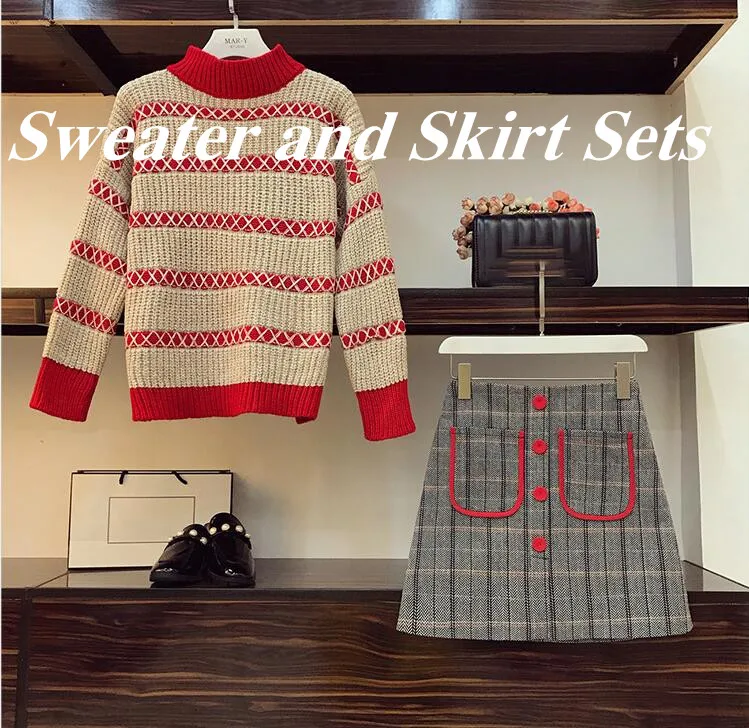 Sweater and Skirt Осенне-зимний вязаный пуловер+ клетчатая юбка комплекты из 2 предметов свитер в полоску с длинными рукавами+ клетчатая мини-юбка комплекты из 2 предметов размера плюс 4XL - Цвет: Sweater and Skirt